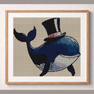whale-with-top-hat framed cross stitch mockup, realistic finished embroidery design, PDF pattern digital download