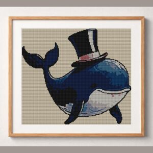 whale-with-top-hat framed cross stitch mockup, realistic finished embroidery design, PDF pattern digital download