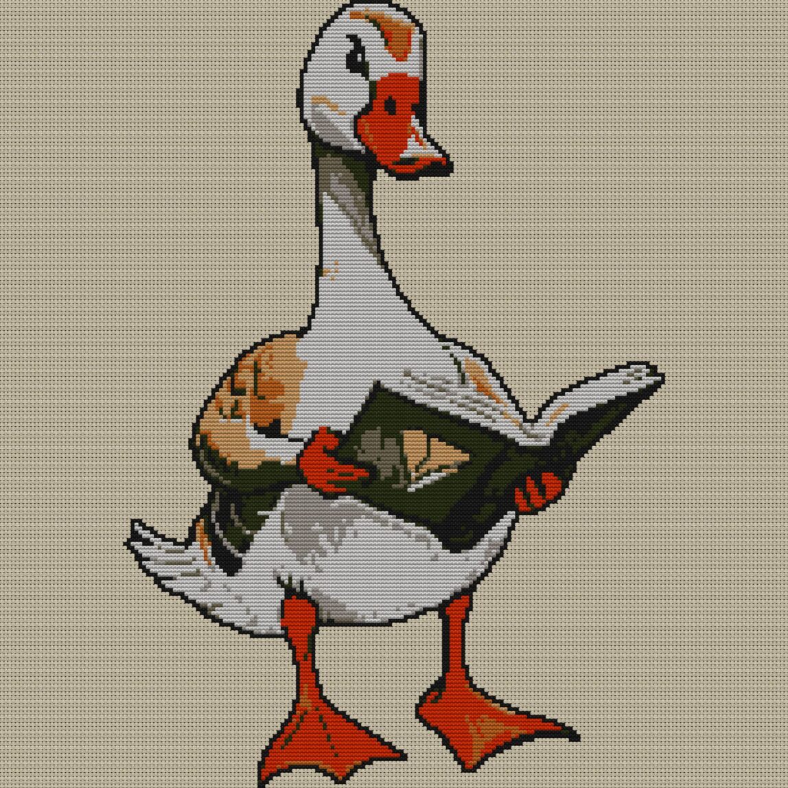 goose-reading-map-on-dock full cross stitch design mockup without frame, realistic embroidery preview