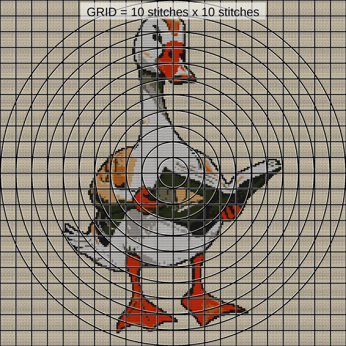 goose-reading-map-on-dock close-up cross stitch detail showing color changes, confetti areas and stitch texture