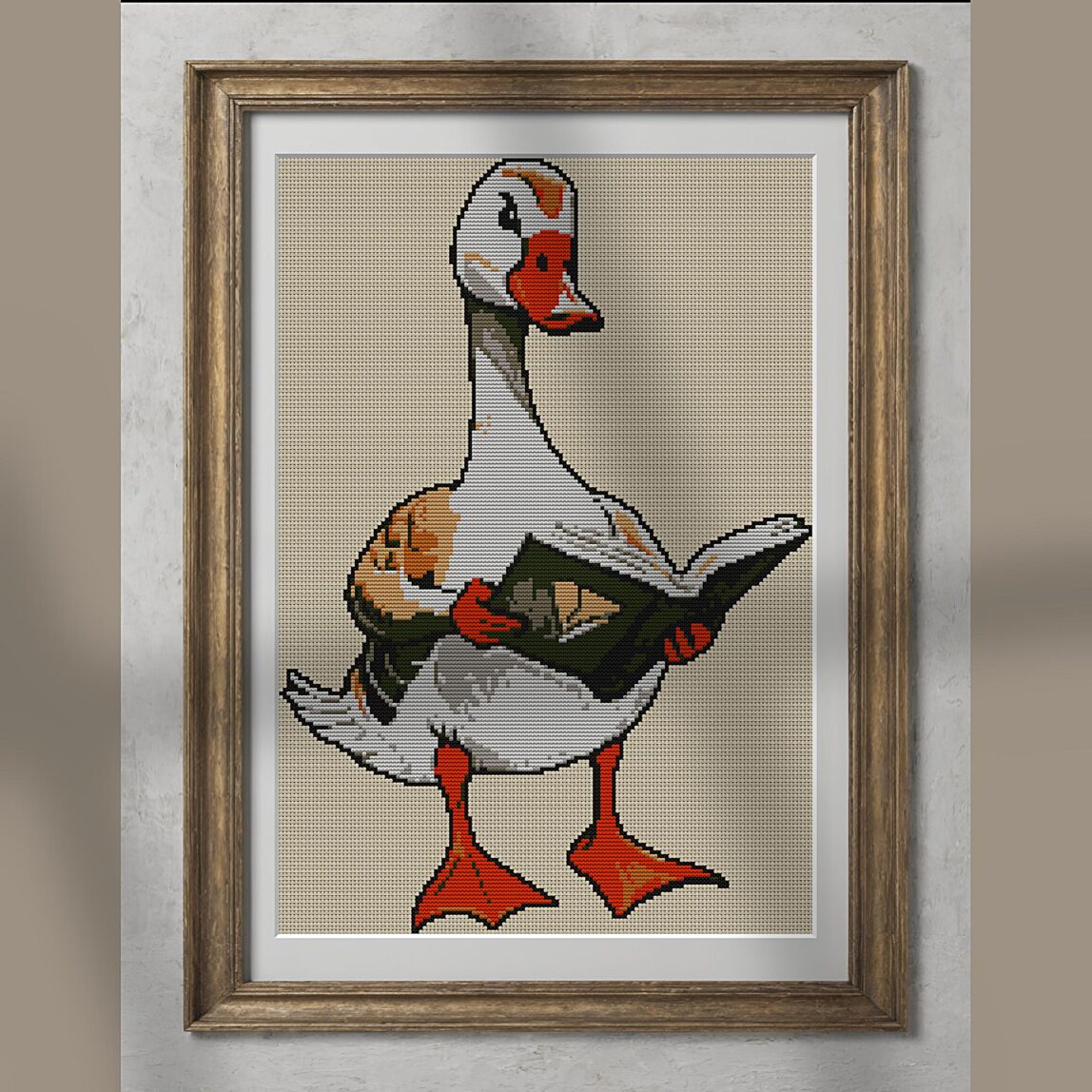 goose-reading-map-on-dock alternative framed cross stitch mockup, realistic finished embroidery presentation