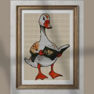 goose-reading-map-on-dock alternative framed cross stitch mockup, realistic finished embroidery presentation