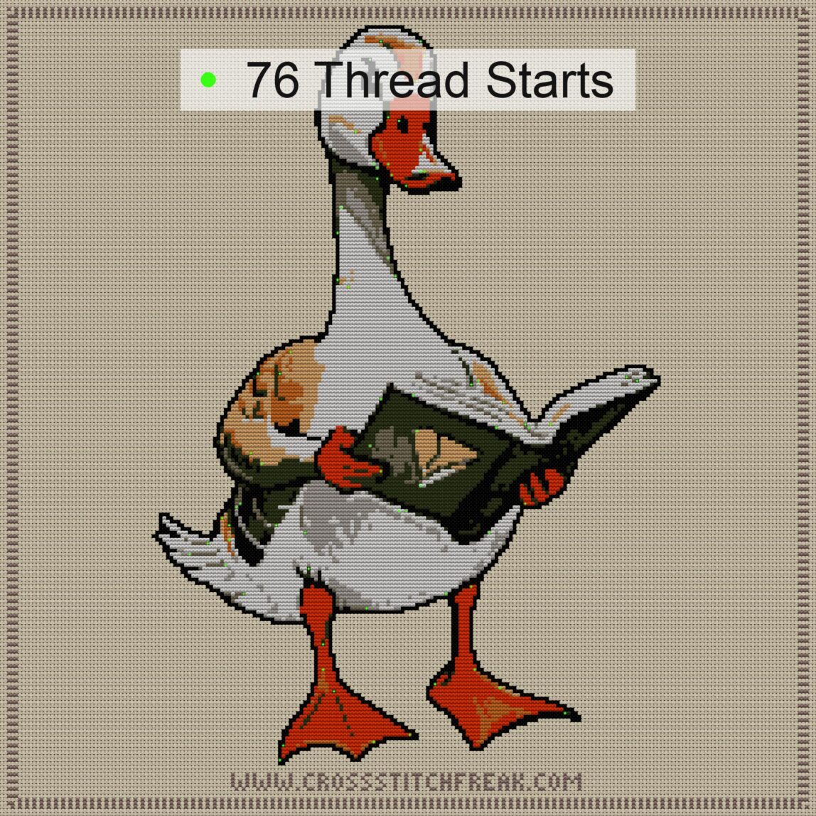 goose-reading-map-on-dock cross stitch start point map with highlighted thread start positions in the full design