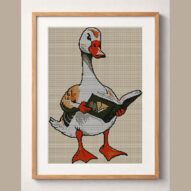 goose-reading-map-on-dock framed cross stitch mockup, realistic finished embroidery design, PDF pattern digital download