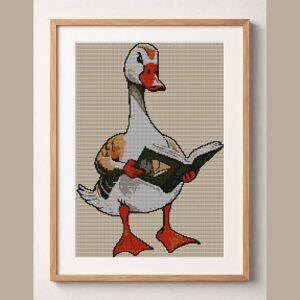 goose-reading-map-on-dock framed cross stitch mockup, realistic finished embroidery design, PDF pattern digital download