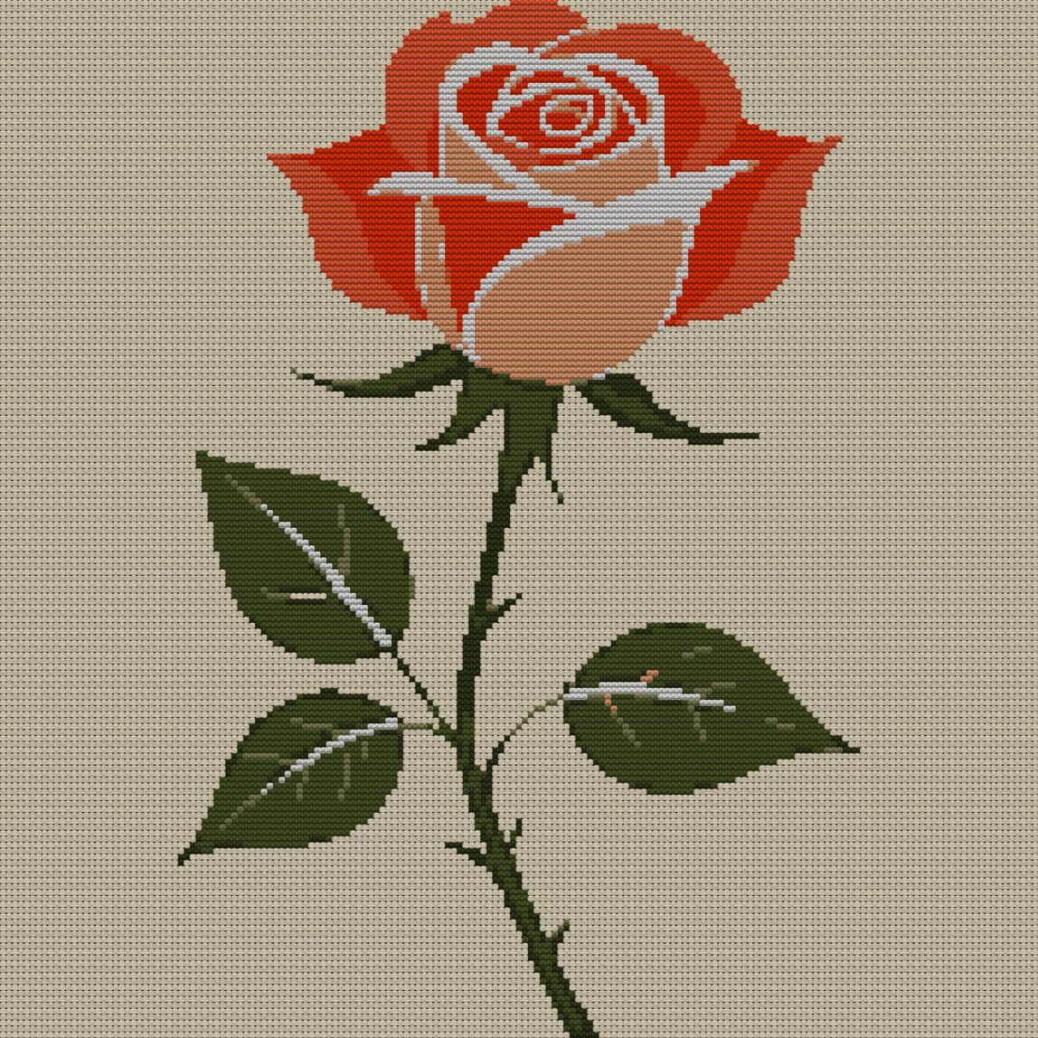 rose-with-thorns full cross stitch design mockup without frame, realistic embroidery preview