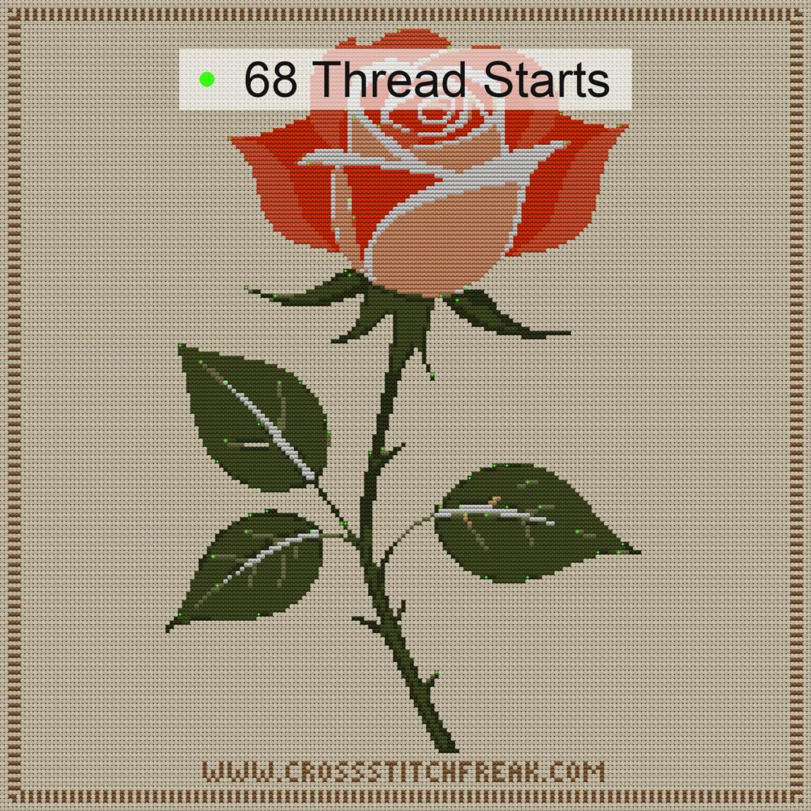 rose-with-thorns cross stitch start point map with highlighted thread start positions in the full design