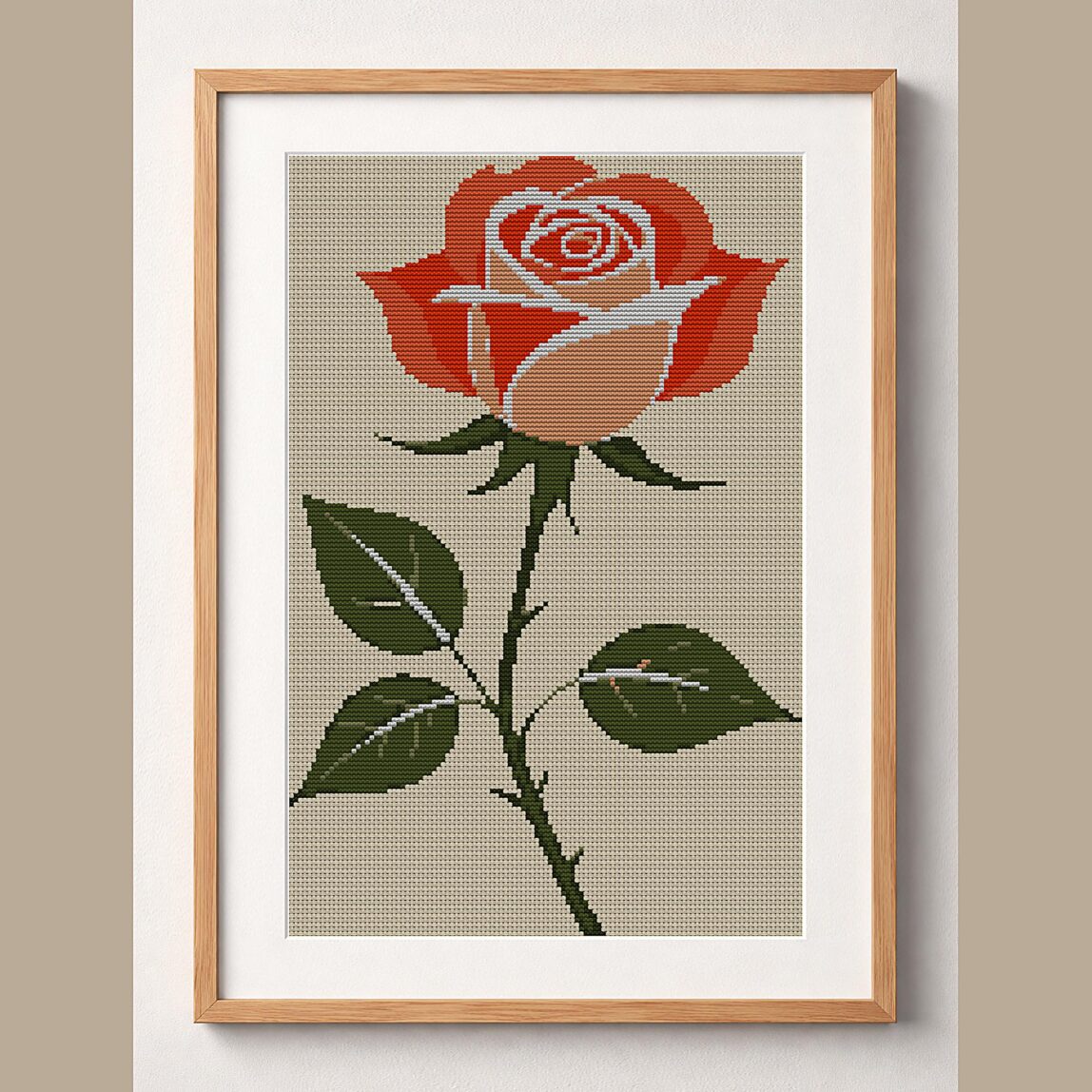 rose-with-thorns framed cross stitch mockup, realistic finished embroidery design, PDF pattern digital download