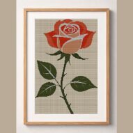 rose-with-thorns framed cross stitch mockup, realistic finished embroidery design, PDF pattern digital download