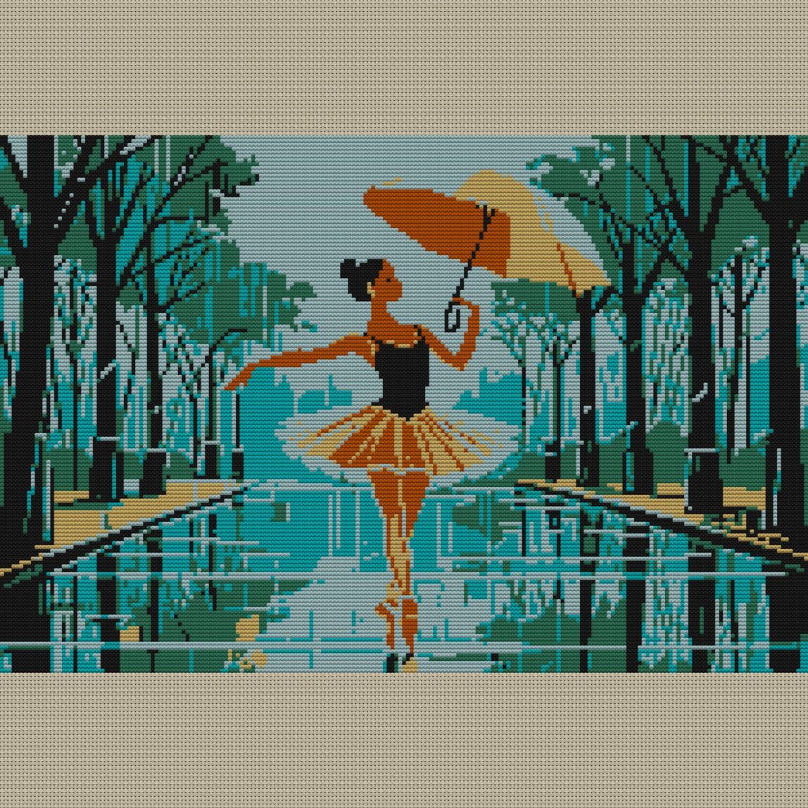 ballerina-with-umbrella full design mockup without frame ballerina-with-umbrella full cross stitch design mockup without frame, realistic embroidery preview