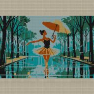 ballerina-with-umbrella full cross stitch design mockup without frame, realistic embroidery preview