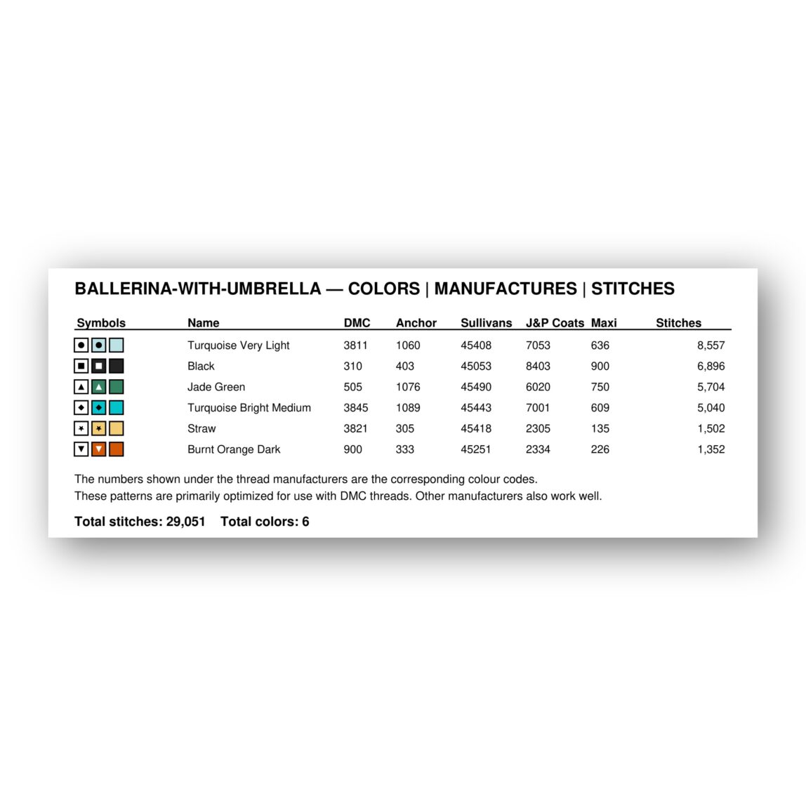ballerina-with-umbrella floss color chart ballerina-with-umbrella thread color chart with DMC, Anchor, Sullivans, J&P Coats and Maxi color references