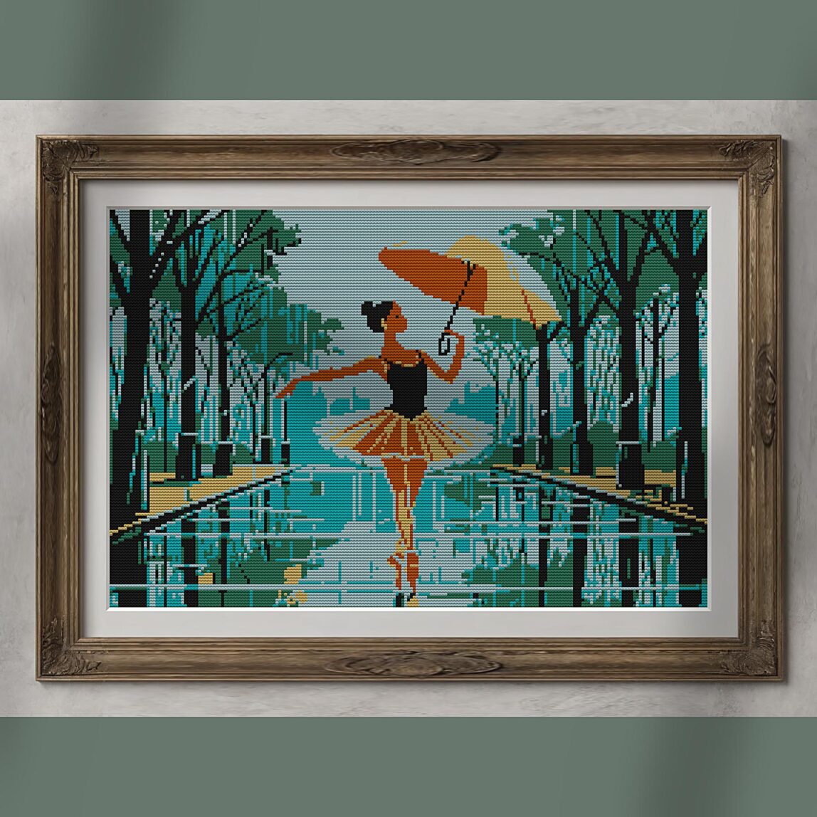 ballerina-with-umbrella alternative framed mockup ballerina-with-umbrella alternative framed cross stitch mockup, realistic finished embroidery presentation
