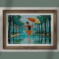 ballerina-with-umbrella alternative framed cross stitch mockup, realistic finished embroidery presentation