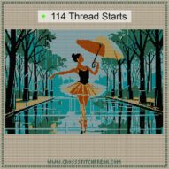 ballerina-with-umbrella cross stitch start point map with highlighted thread start positions in the full design