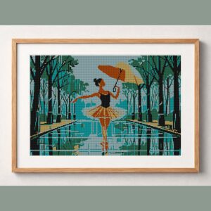 ballerina-with-umbrella framed cross stitch mockup, realistic finished embroidery design, PDF pattern digital download