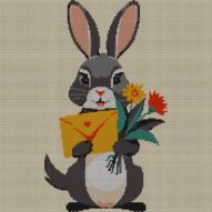 rabbit-holding-bouquet-an full cross stitch design mockup without frame, realistic embroidery preview