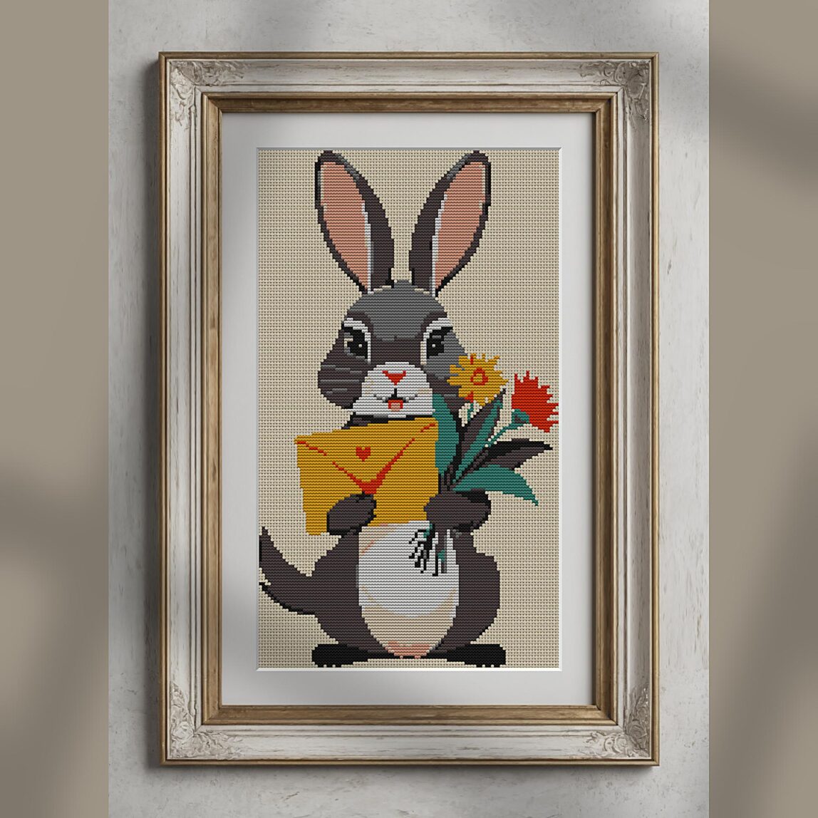 rabbit-holding-bouquet-an alternative framed cross stitch mockup, realistic finished embroidery presentation