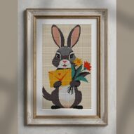 rabbit-holding-bouquet-an alternative framed cross stitch mockup, realistic finished embroidery presentation