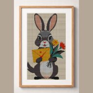 rabbit-holding-bouquet-an framed cross stitch mockup, realistic finished embroidery design, PDF pattern digital download