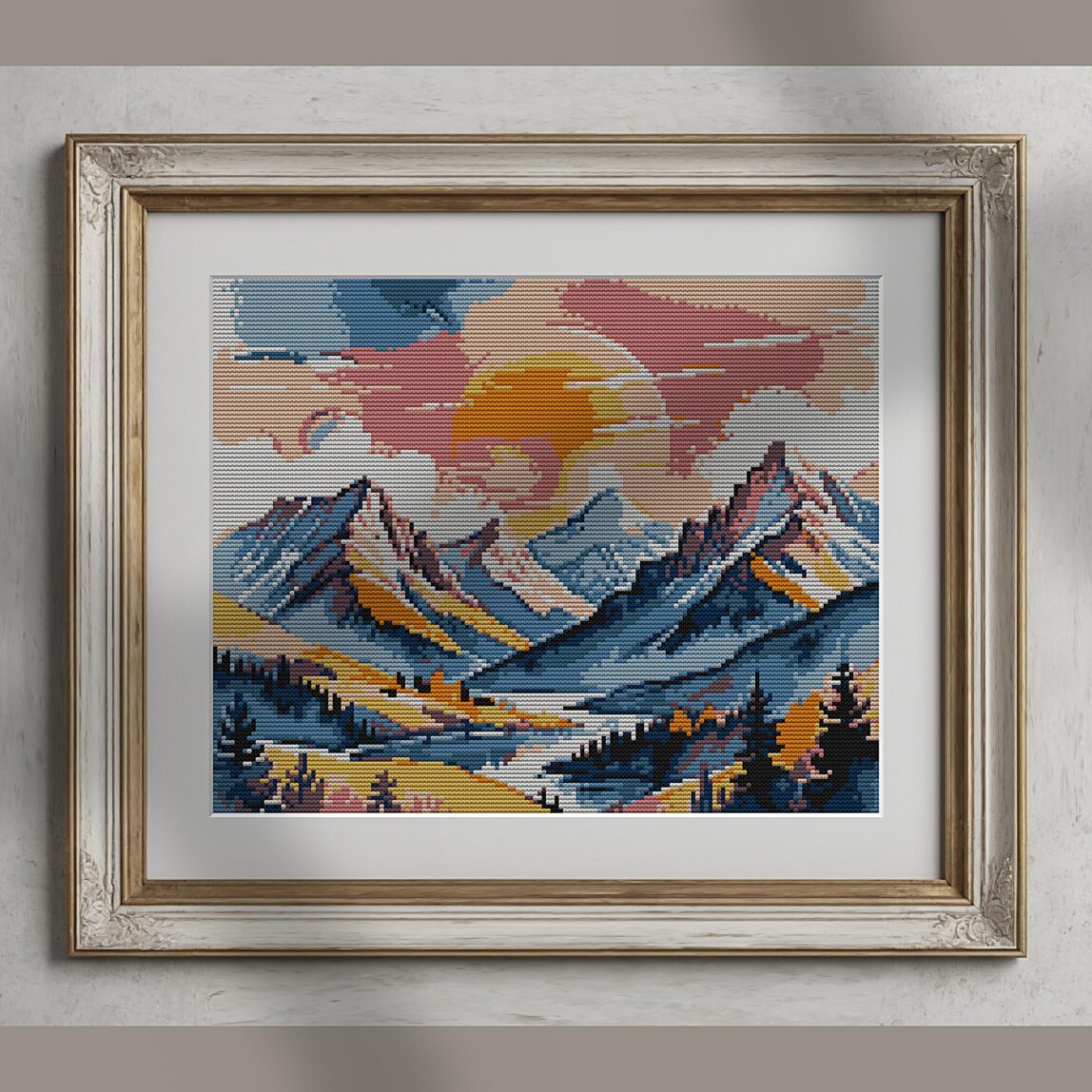 mountain-range alternative framed cross stitch mockup, realistic finished embroidery presentation