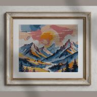 mountain-range alternative framed cross stitch mockup, realistic finished embroidery presentation