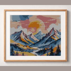 mountain-range framed cross stitch mockup, realistic finished embroidery design, PDF pattern digital download