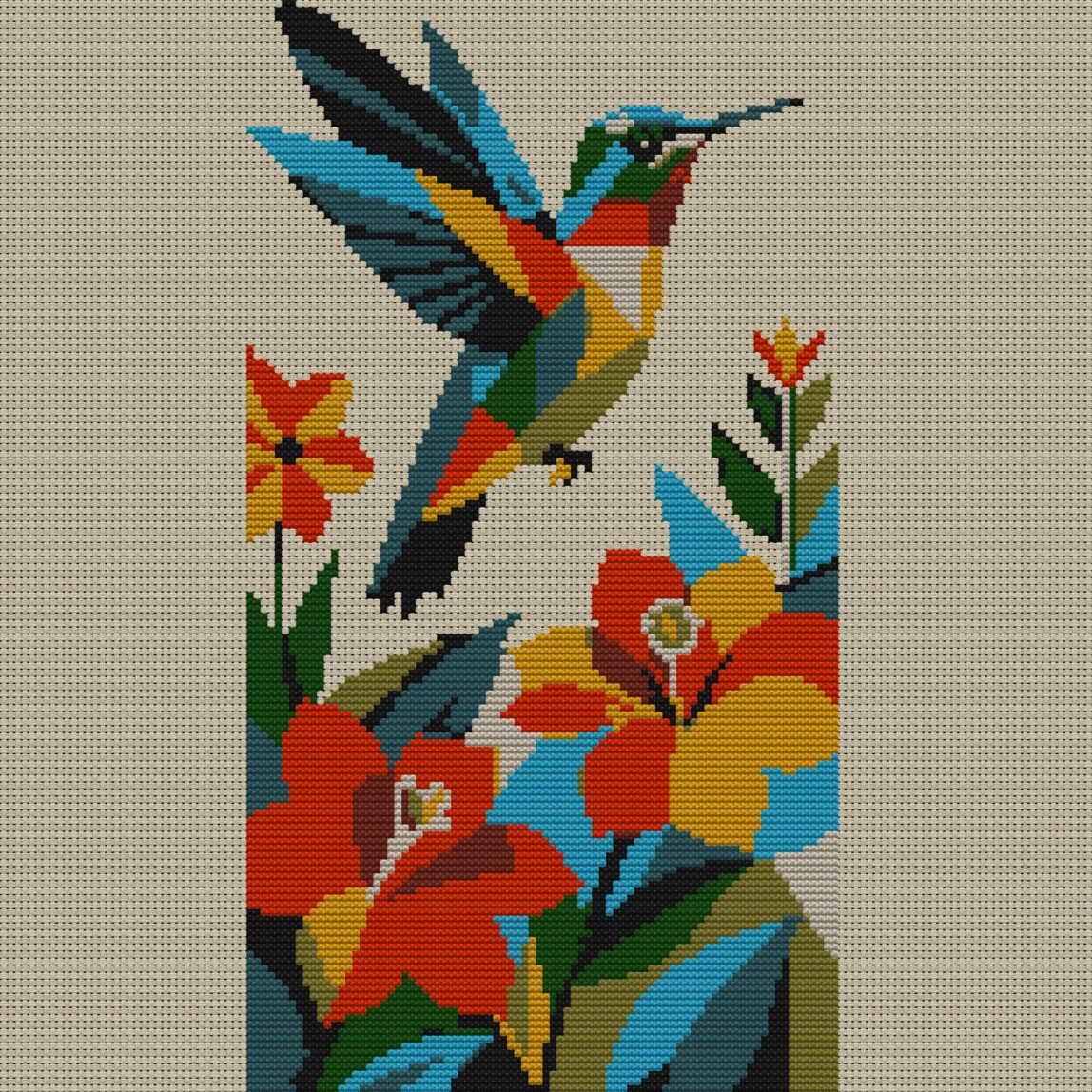 hummingbird-at-flower full design mockup without frame hummingbird-at-flower full cross stitch design mockup without frame, realistic embroidery preview