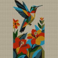 hummingbird-at-flower full cross stitch design mockup without frame, realistic embroidery preview