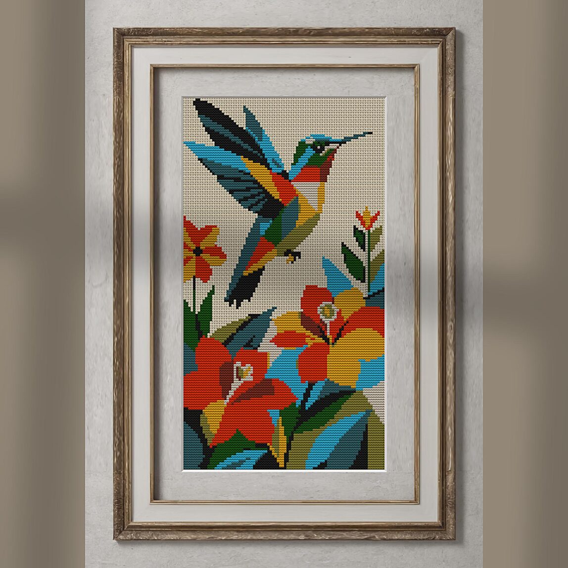 hummingbird-at-flower alternative framed mockup hummingbird-at-flower alternative framed cross stitch mockup, realistic finished embroidery presentation