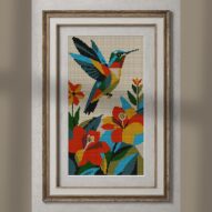 hummingbird-at-flower alternative framed cross stitch mockup, realistic finished embroidery presentation