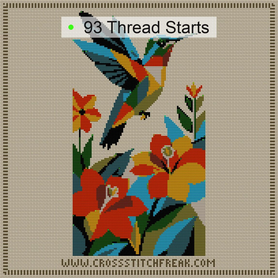 hummingbird-at-flower thread start point map hummingbird-at-flower cross stitch start point map with highlighted thread start positions in the full design