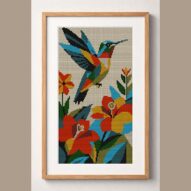 hummingbird-at-flower framed cross stitch mockup, realistic finished embroidery design, PDF pattern digital download