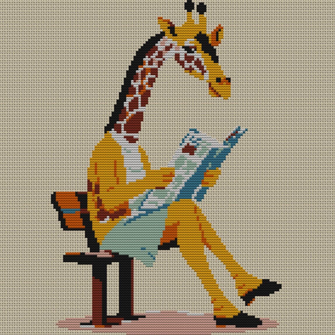 giraffe-reading-newspaper full cross stitch design mockup without frame, realistic embroidery preview