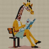 giraffe-reading-newspaper full cross stitch design mockup without frame, realistic embroidery preview