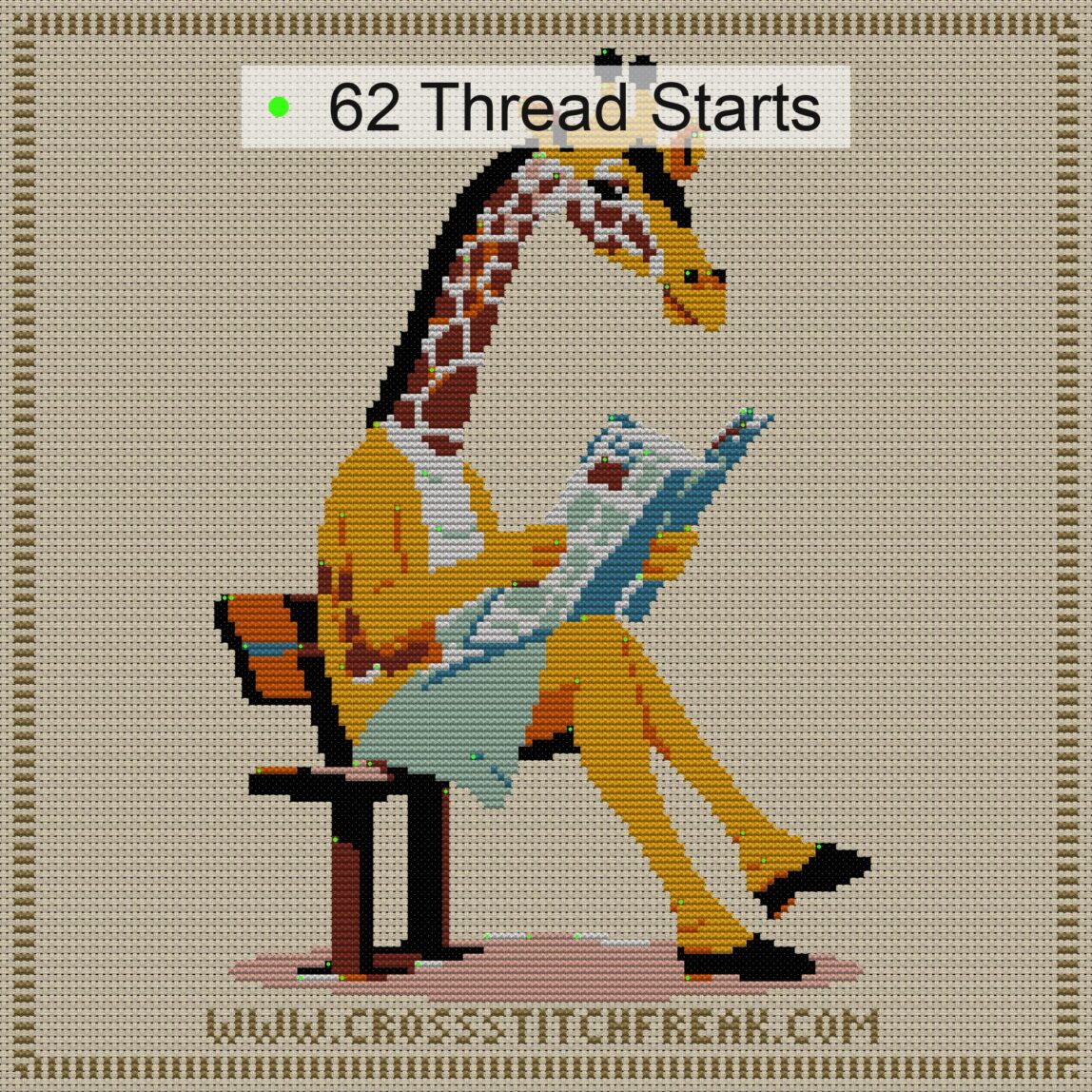 giraffe-reading-newspaper cross stitch start point map with highlighted thread start positions in the full design
