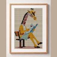 giraffe-reading-newspaper framed cross stitch mockup, realistic finished embroidery design, PDF pattern digital download