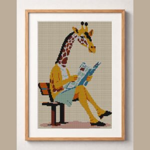 giraffe-reading-newspaper framed cross stitch mockup, realistic finished embroidery design, PDF pattern digital download