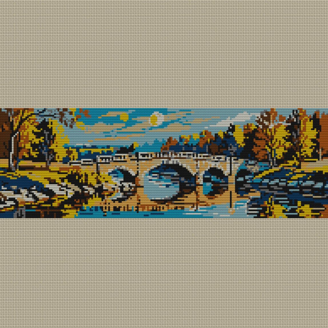 bridge-over-river full design mockup without frame bridge-over-river full cross stitch design mockup without frame, realistic embroidery preview