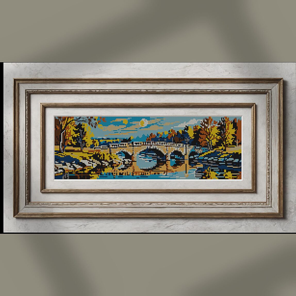 bridge-over-river alternative framed mockup bridge-over-river alternative framed cross stitch mockup, realistic finished embroidery presentation