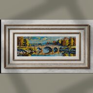 bridge-over-river alternative framed cross stitch mockup, realistic finished embroidery presentation