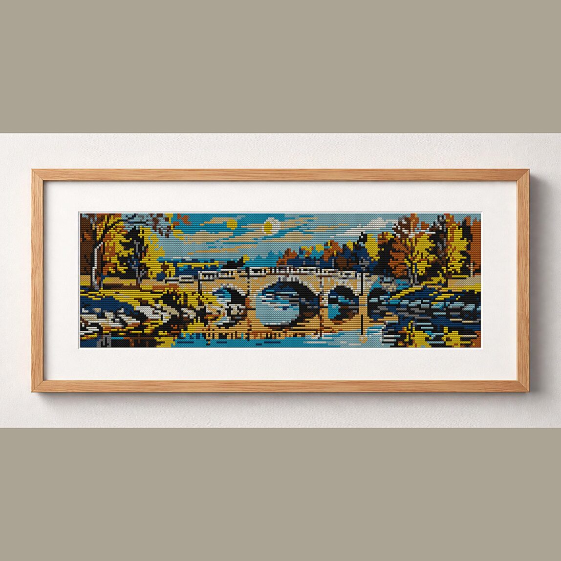 bridge-over-river framed cross stitch mockup bridge-over-river framed cross stitch mockup, realistic finished embroidery design, PDF pattern digital download