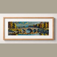 bridge-over-river framed cross stitch mockup, realistic finished embroidery design, PDF pattern digital download