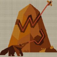 anteater-trick full cross stitch design mockup without frame, realistic embroidery preview