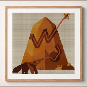 anteater-trick framed cross stitch mockup, realistic finished embroidery design, PDF pattern digital download