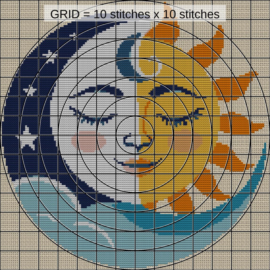 sun-and-moon-embracing close-up cross stitch detail showing color changes, confetti areas and stitch texture