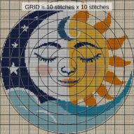 sun-and-moon-embracing close-up cross stitch detail showing color changes, confetti areas and stitch texture