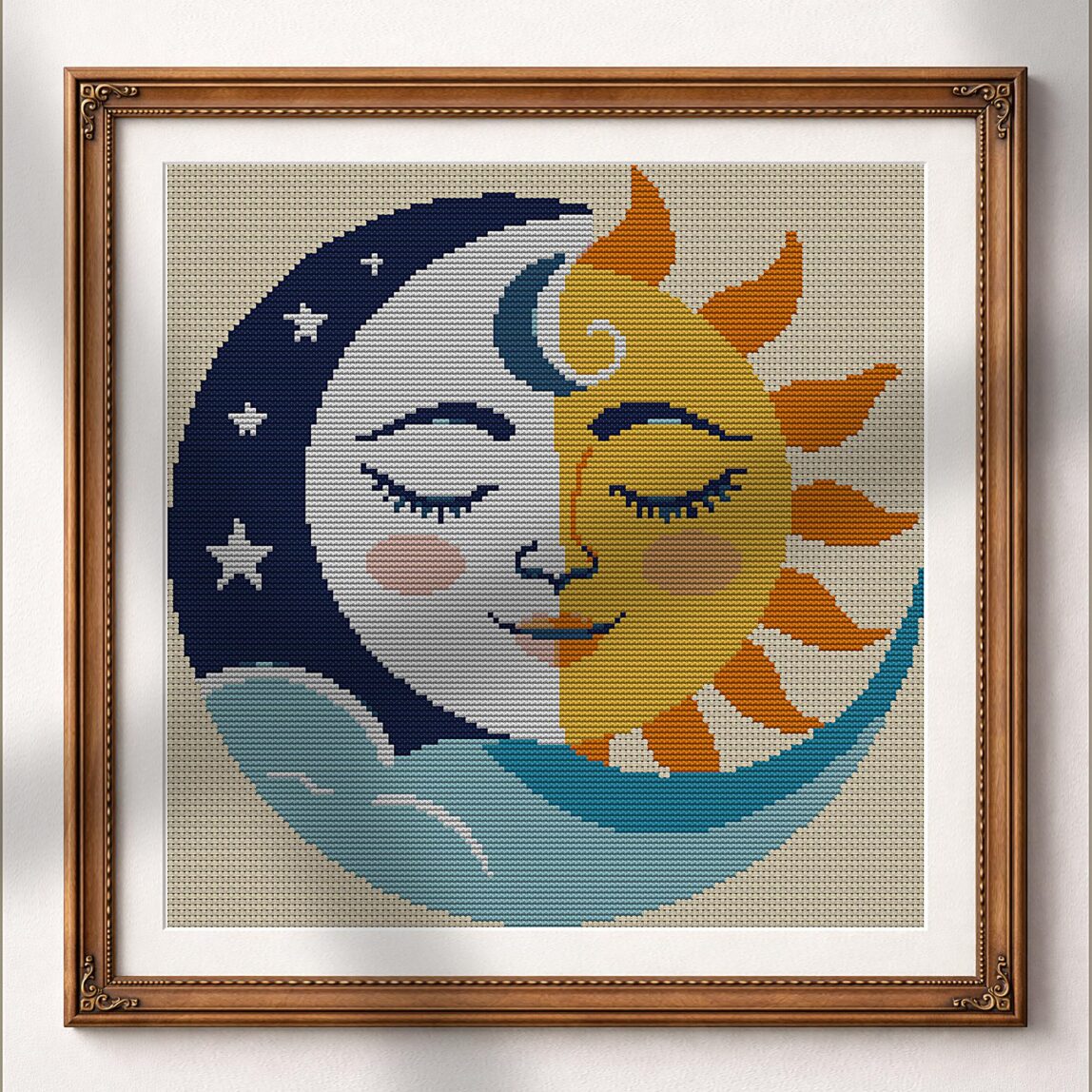 sun-and-moon-embracing alternative framed cross stitch mockup, realistic finished embroidery presentation