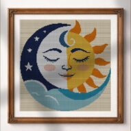 sun-and-moon-embracing alternative framed cross stitch mockup, realistic finished embroidery presentation