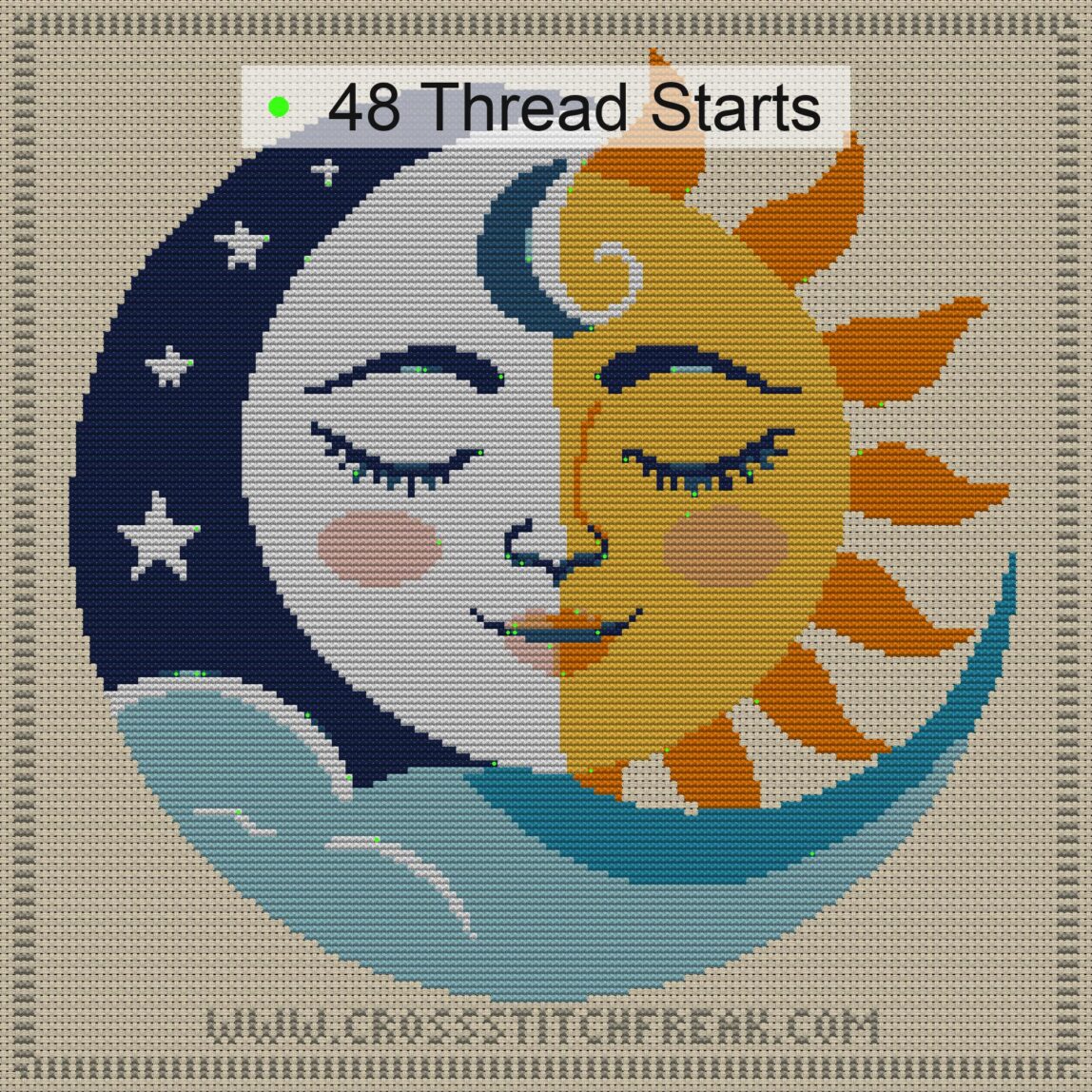 sun-and-moon-embracing cross stitch start point map with highlighted thread start positions in the full design